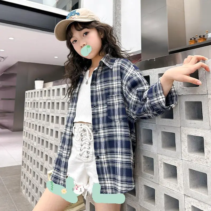 2024 New Fall Teenagers Girls Long Sleeved Blue Plaid Blouse Shirt 5 15   H9be665183777435abed0f7eb7cfaac0bn 