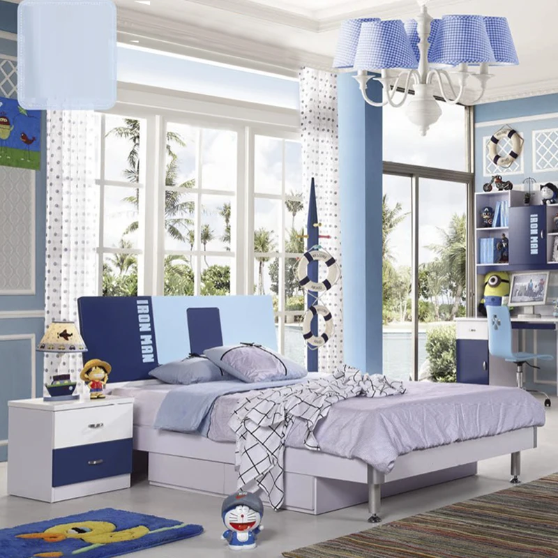 Luxury Blue Kids Bedroom Set Furniture Solid Wooden Child Bed Room Set Boy  and Girls Bedroom Sets With Wardrobe and Study Table