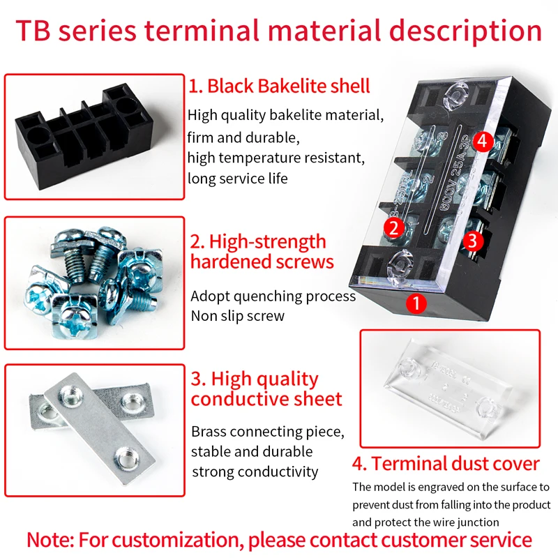 TB Series Black Double Row Fixed Fence Screw Terminal 2506 Terminal Brass Conductor 25A 6P 600V Terminal Block