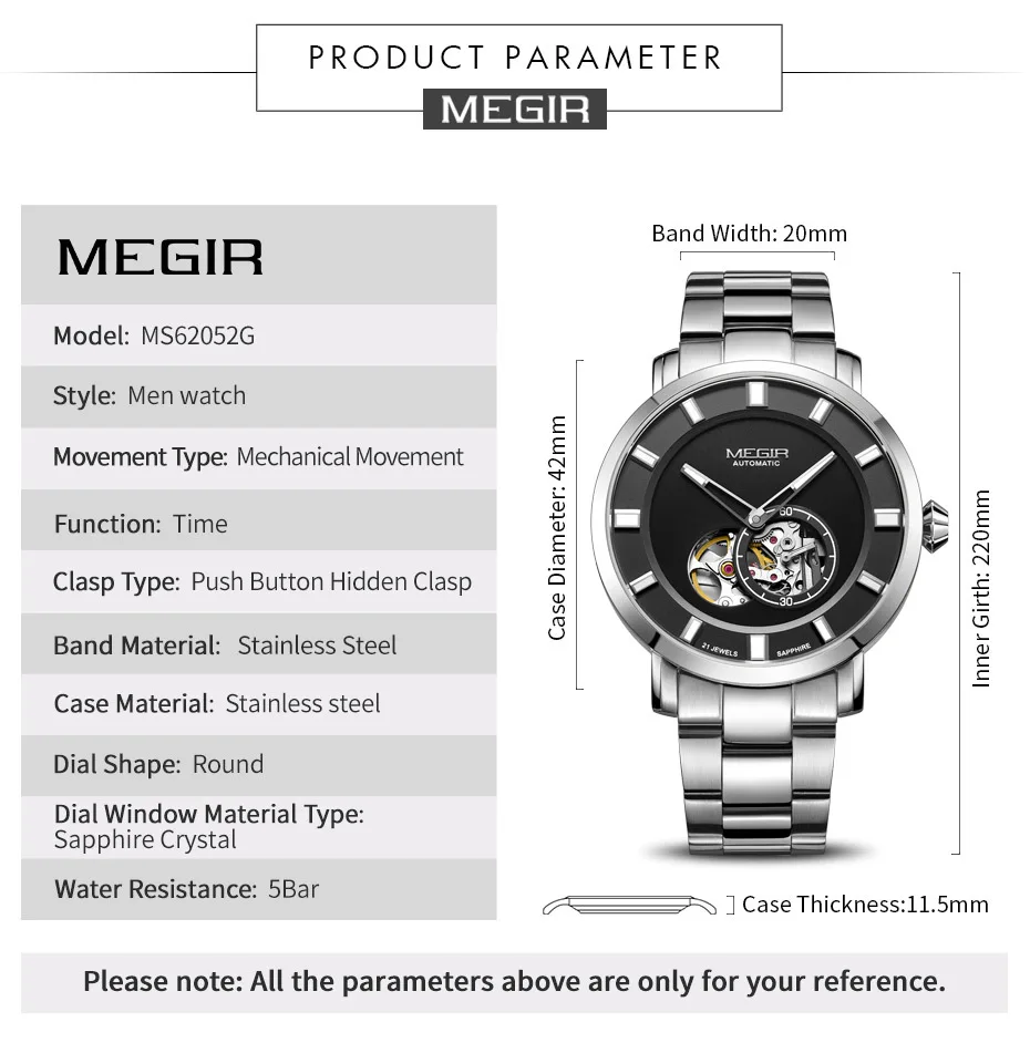 Luxury Megir Automatic Mechanical Watch Men Stainless Steel Business ...