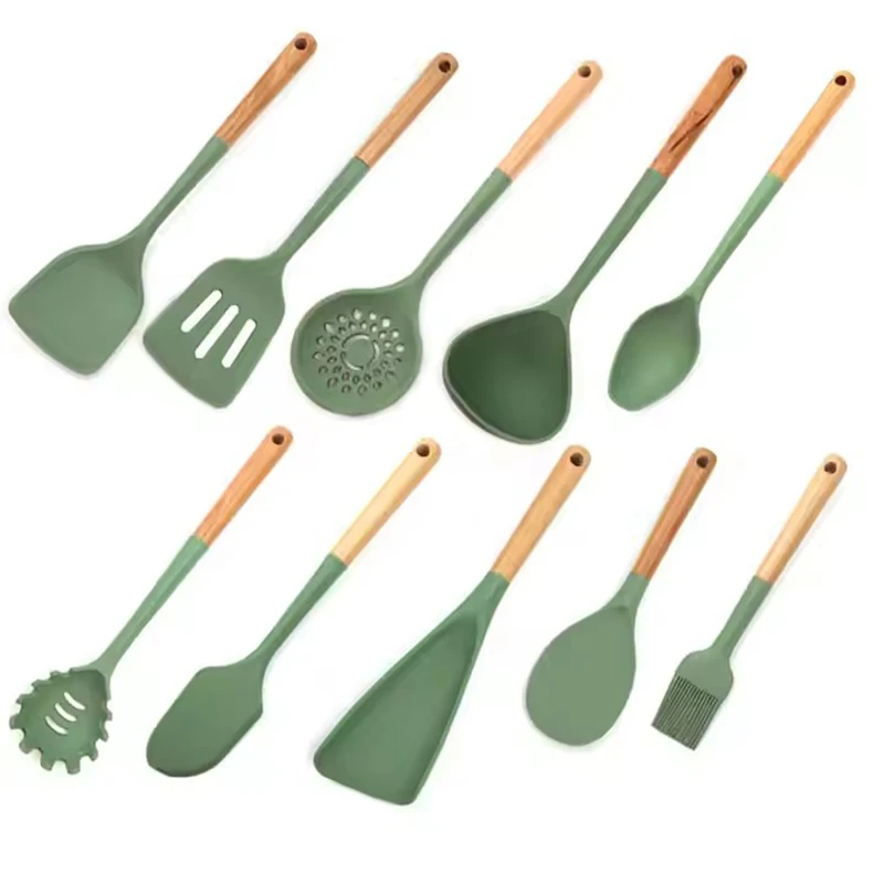 product silicone cooking kitchen utensils set with holder wood handle bpa free heat resistant spatula set nonstick cookware-59