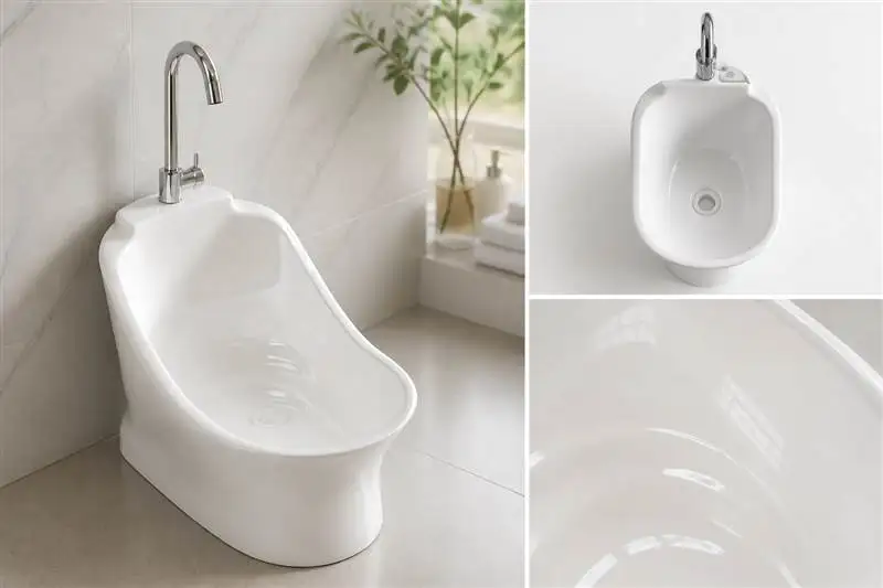 info-1-1 Close-up of the smooth white glazed surface of a ceramic wudu basin