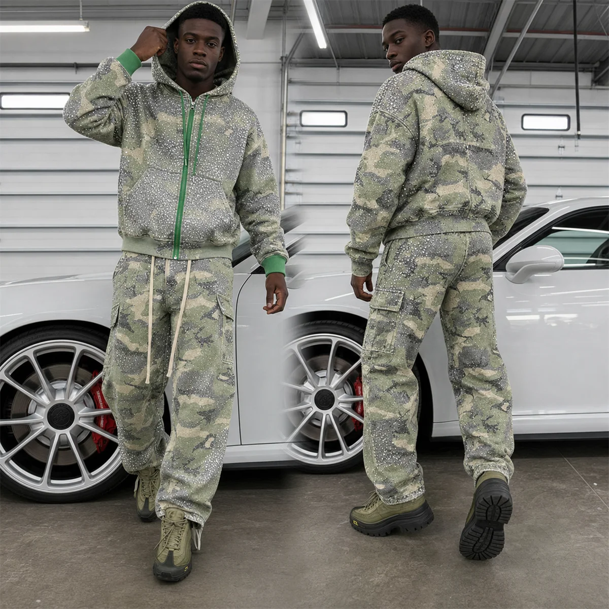 Custom Oversized Camoflouge Sweatsuit Manufacturers Camo Cargo Pants and Zip up Hoodie Jacket Set Baggy Streetwear Tracksuit Men