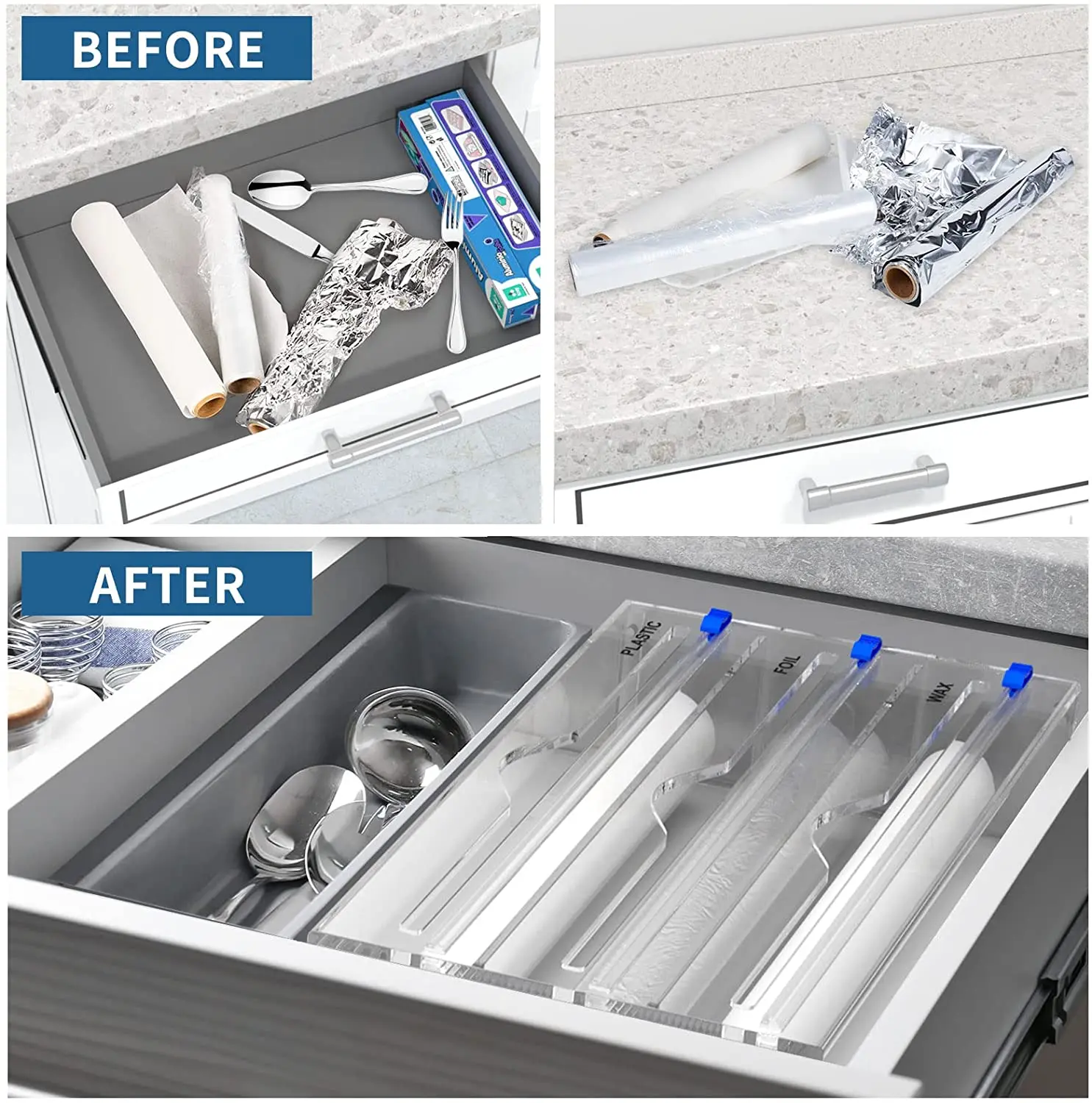 Clear Acrylic 3-in-1 Plastic Wrap/Wax Paper/Aluminum Foil Dispenser Plastic  Wrap Dispenser with Cutter for Drawer - China Acrylic Organizer and Acrylic  Wrap Dispenser price