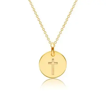 Jewelery Wholesale Women Religious Jewelry Jesus Custom Minimalist Gold Cross Necklace Gold Disc Coin Engrave Pendant Necklace