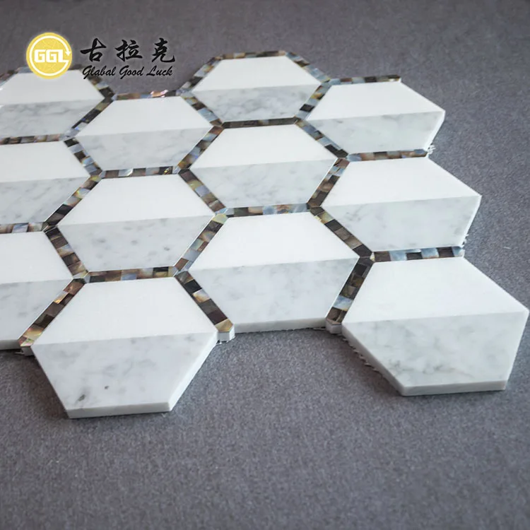 Hexagon Shape Thassos White Marble Mix Shell Waterjet Mosaic Tiles details