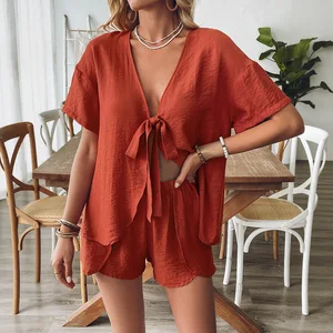 Sexy Outfits V-neck Pure Cotton Loose Red Set with Shorts Women's Set Custom Two Piece Set Women's Clothing