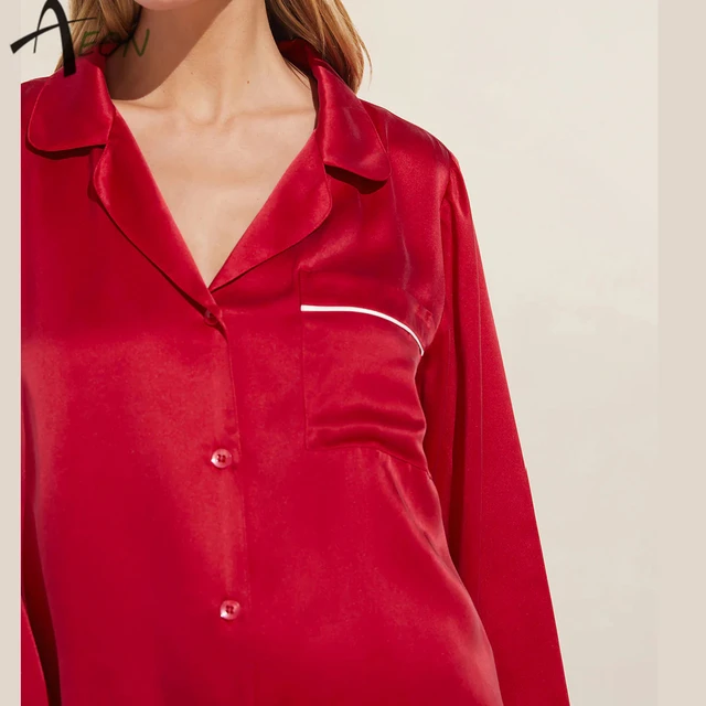 High Quality Personalized Red Long PJ Set For Women  Silk Satin Long pajamas Set Pants Drawstring  Pyjamas Set