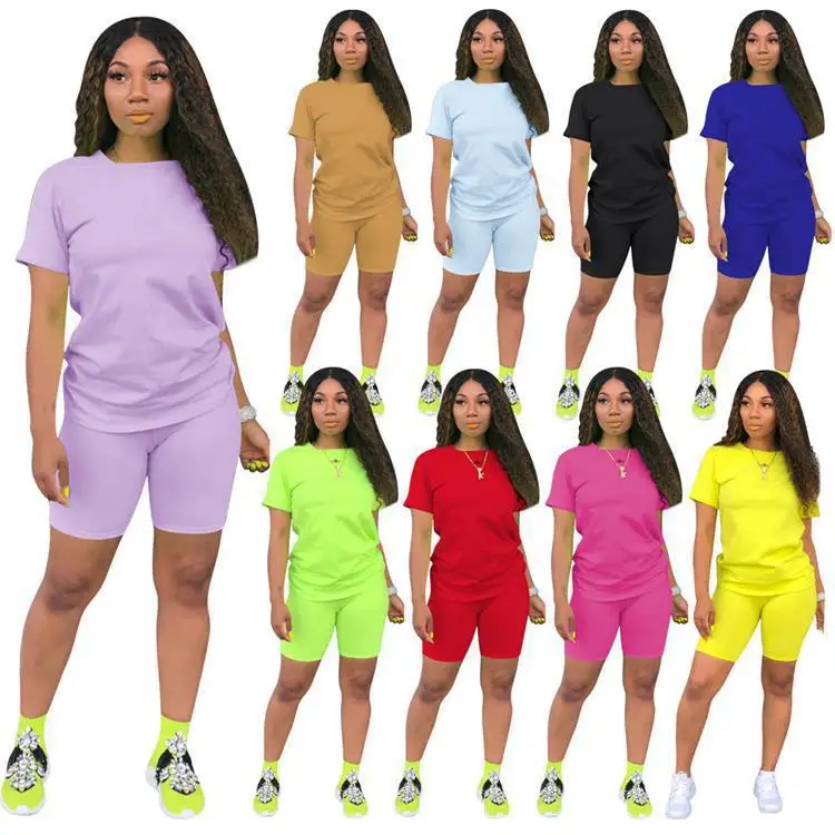 Women Clothing Short Sleeves Neon Two Pieces Pant Set Casual 2 Piece ...