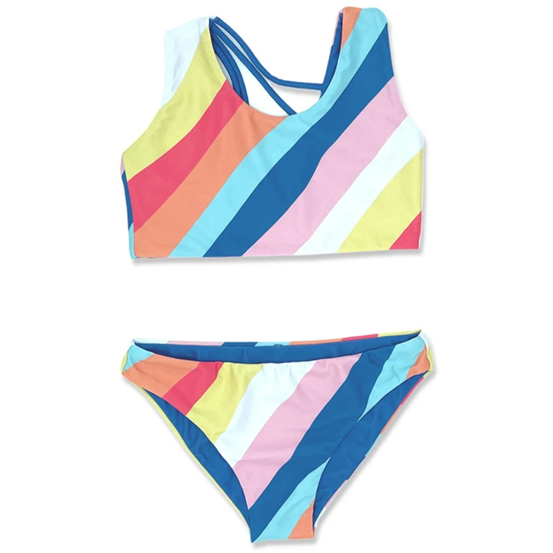 Strip Printing Round Neck Asymmetric 2 Piece Girl Bikini Breathable One ...