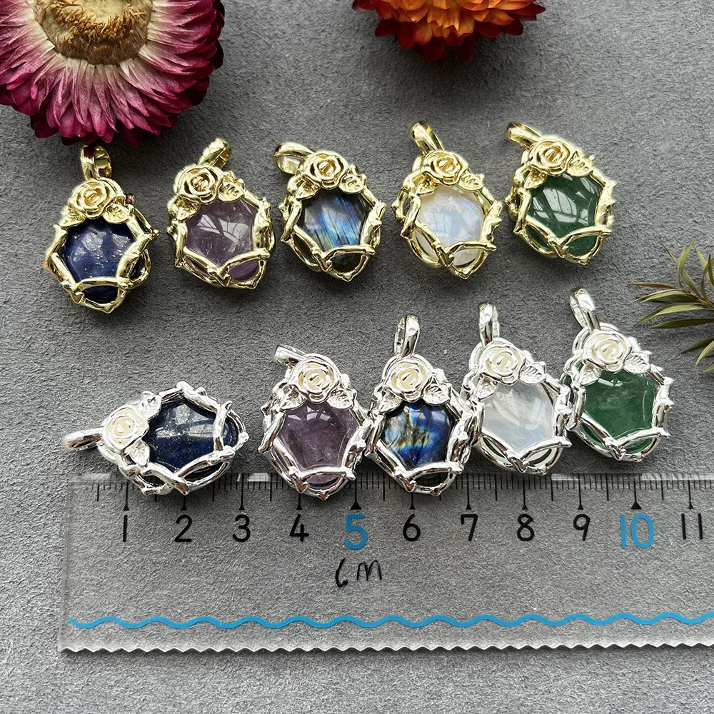 Women's Natural Stone DIY Necklace Oval Rose Flower Frame Chakra