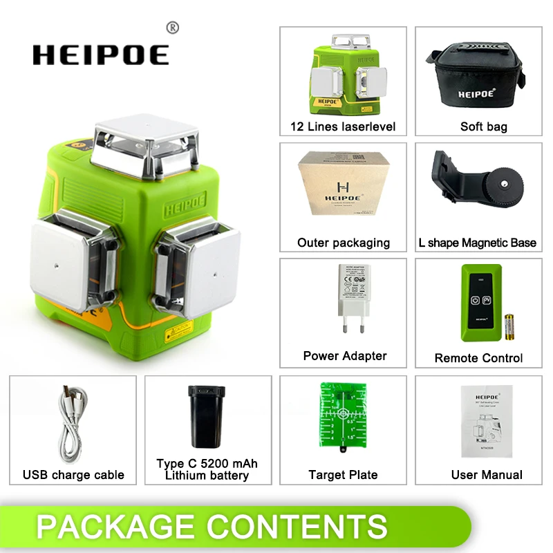 Pro   HEIPOE  MTM350B   360 Rotary Multi Cross Green Magnet 3D 12 Lines   Nivel Laser