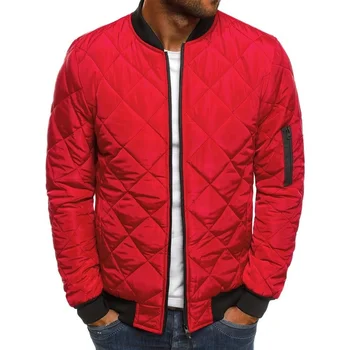 Men ' s solid jacket cotton jacket rhombus padded stand up collar warm cotton jacket