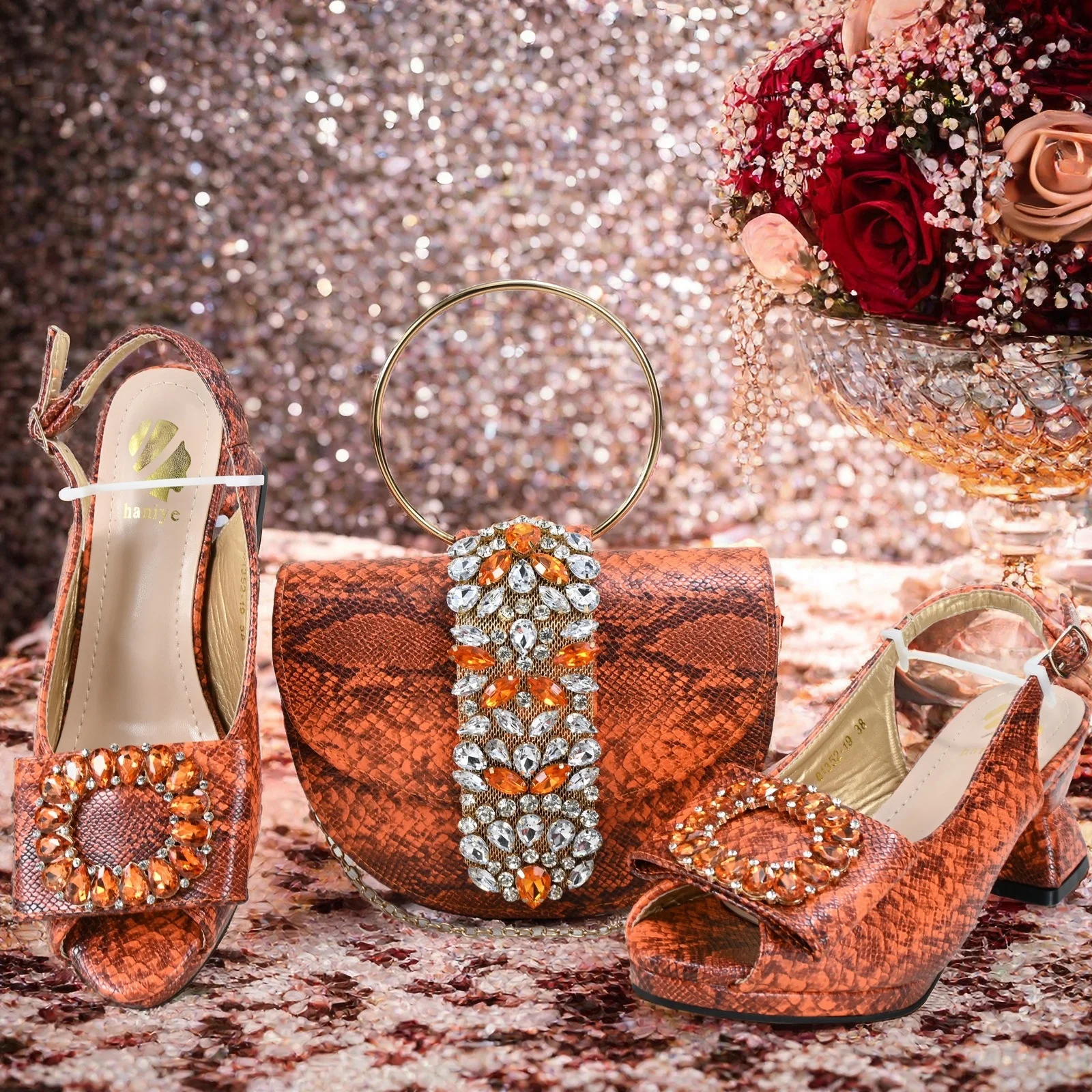 Orange Color Italian Design Shoes and Bag Set High Heel Women Latest Shoes  Matching Bag Set