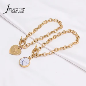 Brass Gold Plated Fashion OT Clasp Engrave Heart Pendant OT Coarse Chain Bracelets Gift