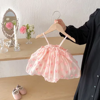 2025 New Summer High Quality Suspender Baby Dress Girls' Korean Princess Dress Floral Plain Dyed Flower Skirt Casual Button