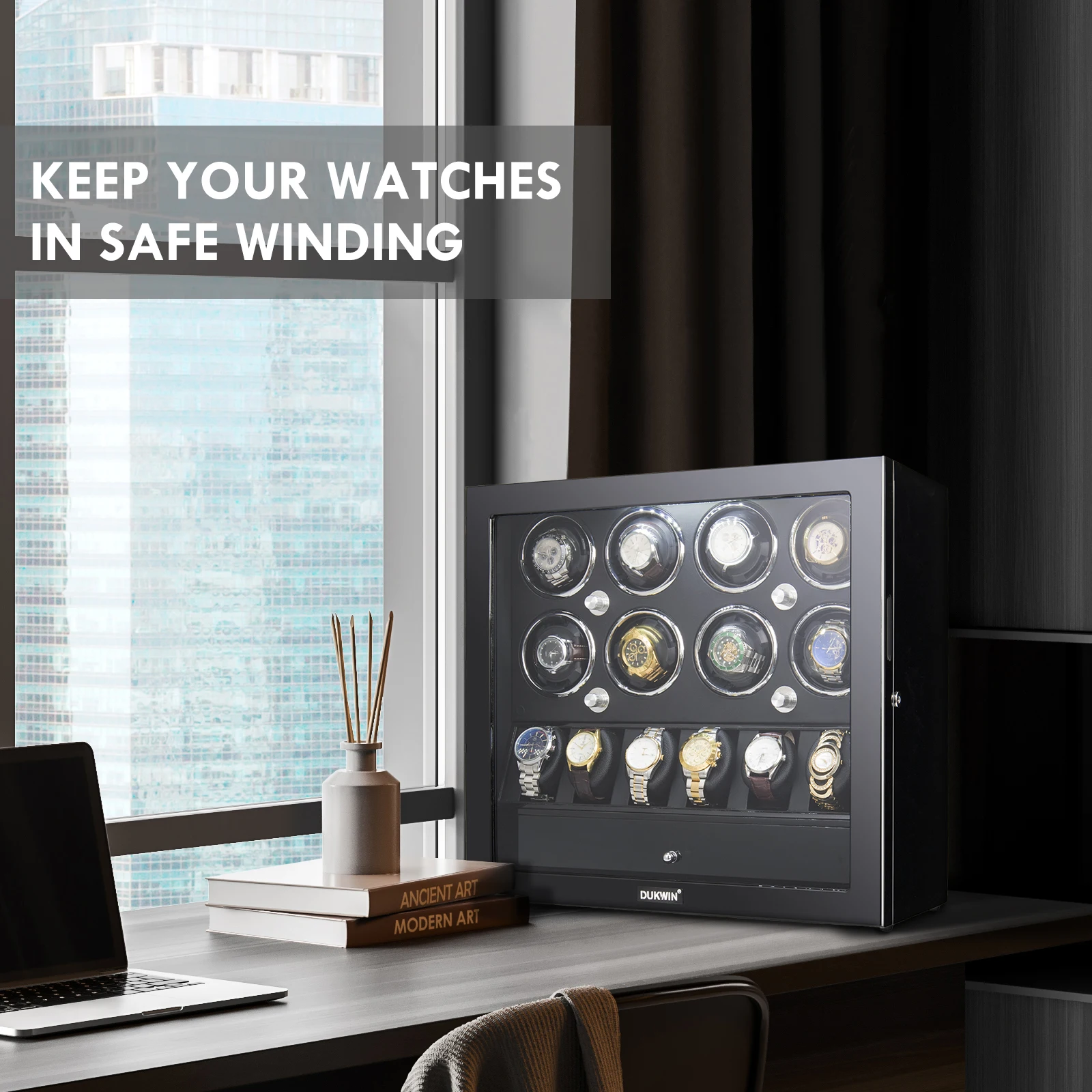 High Quality Piano Black Orbit Wooden Jewelry Box 6+8 Slots Watch