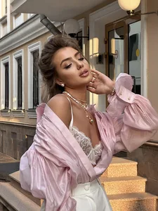 Cross-border French Broadcloth Light Shirt European American 2026 New High-end Cute Women's Lantern Long Sleeve No Collar