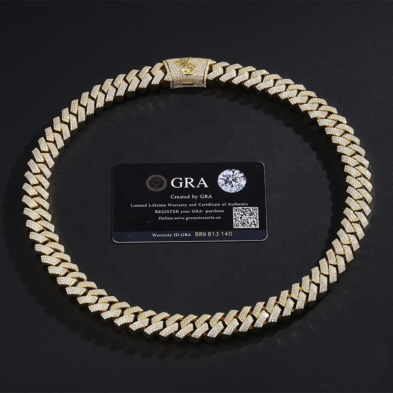 Hip Hop Jewelry Custom VVS Lab Diamond Mossinate Chain Men 14k Gold Vermeil  15mm Prong Cuban Link Chain Moissanite