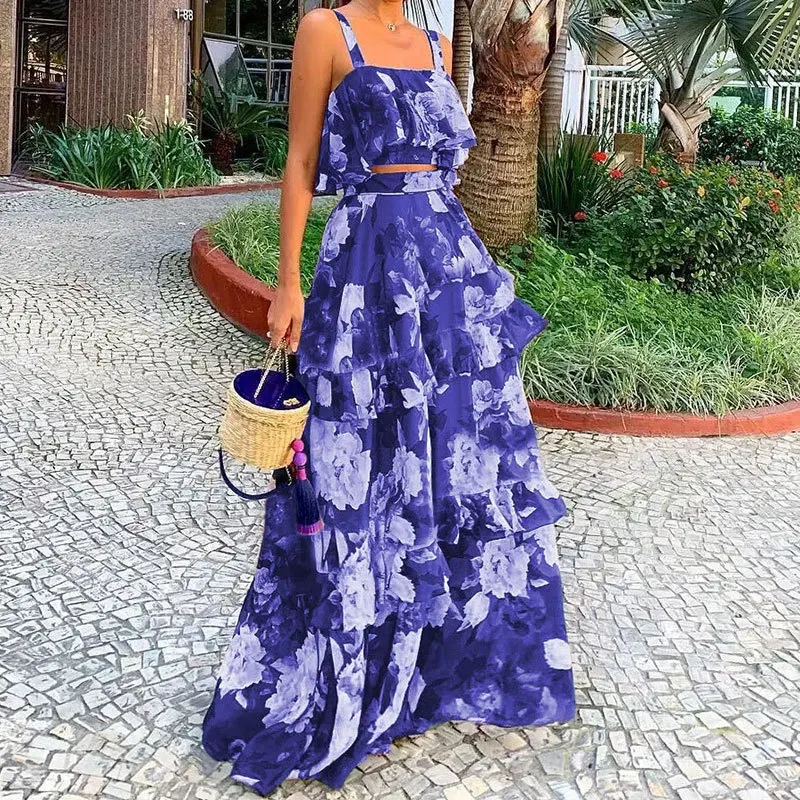 New Fashion Wholesale Women 2 Piece Set Dresses Beach Vacation Floral  Printed Women's Clothing Party Sexy Long Maxi Skirt Dress