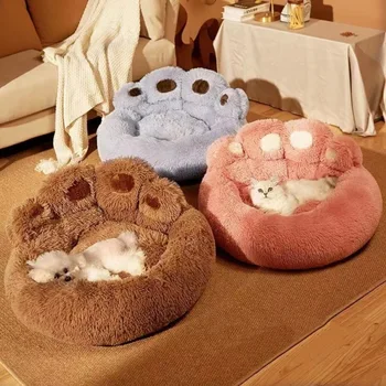 Manufacturer wholesale custom logo pet supplier plush dog cat bed bear paw shape