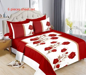 Ready to Ship 6 Pieces Bed Sheet Set king Size Cotton Flat Fitted Sheet with Pillowcases Cheap Price Floral Printed  Bedding Set