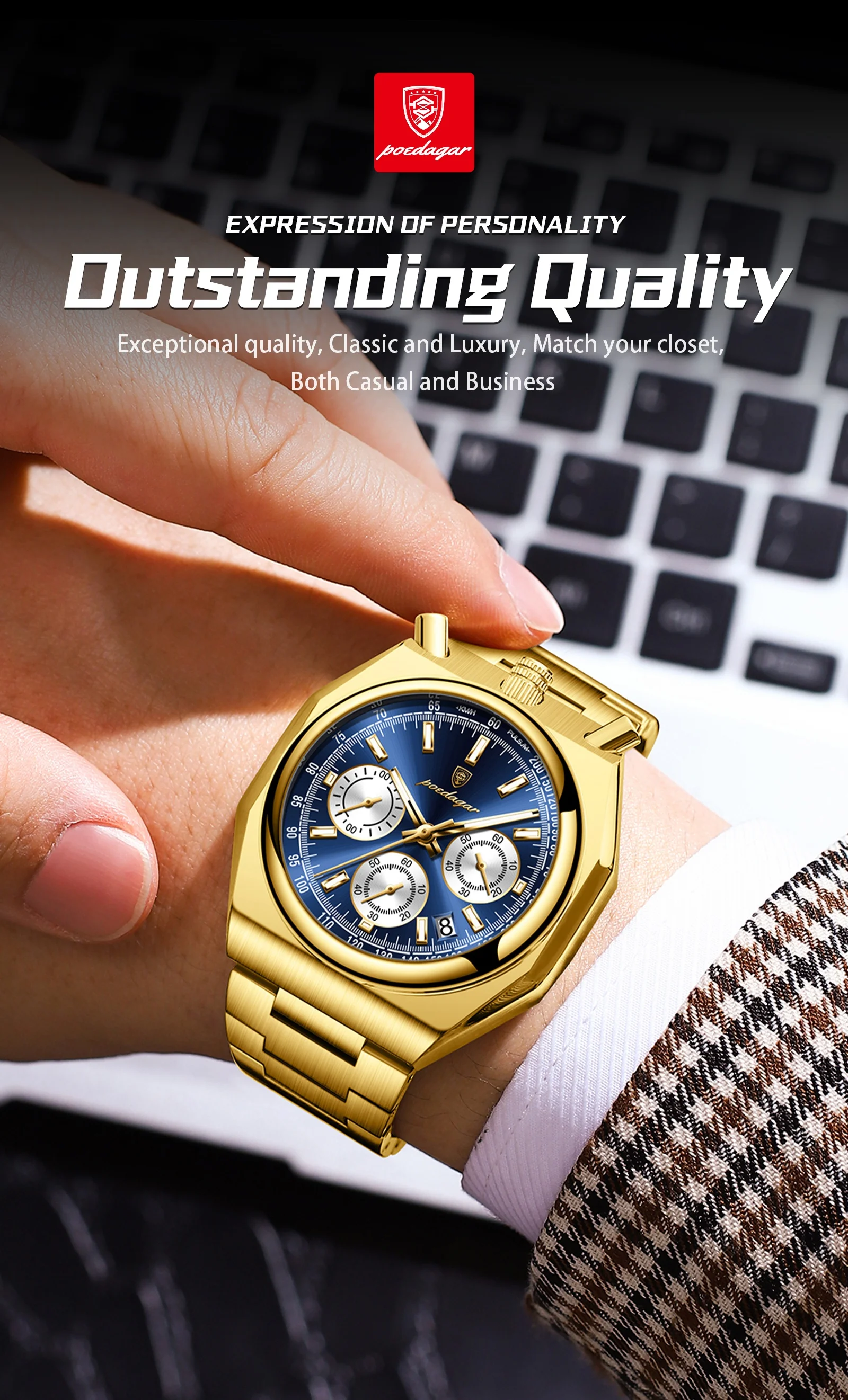 Poedagar 897 Chronograaf Heren Quartz Horloges Lichtgevende Wijzers Drie Ogen Wijzerplaten Mode Multifunctionele Lichtgevende Waterdichte Horloges