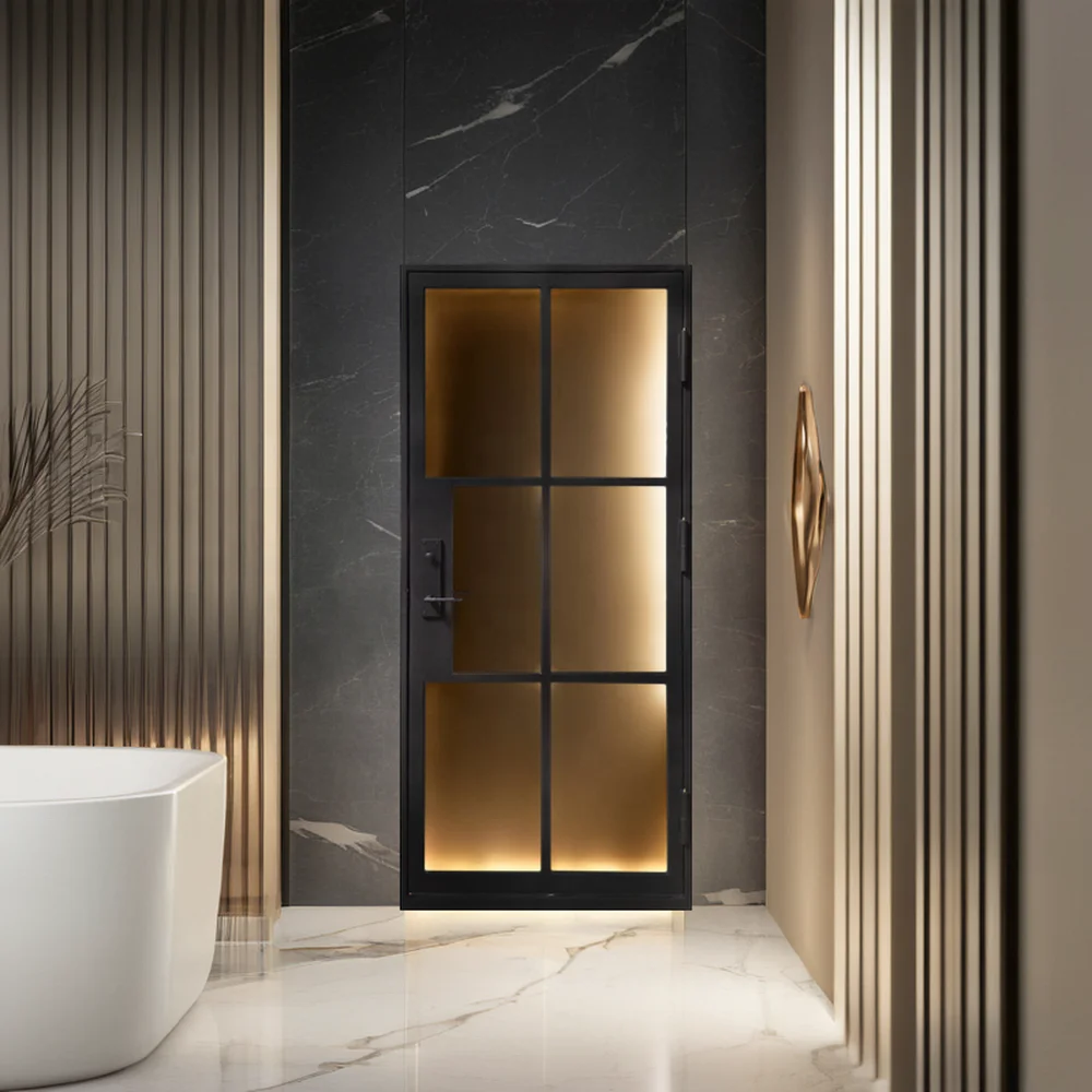 Modern Luxury Wrought Iron French Style Bathroom Door Steel Glass Door