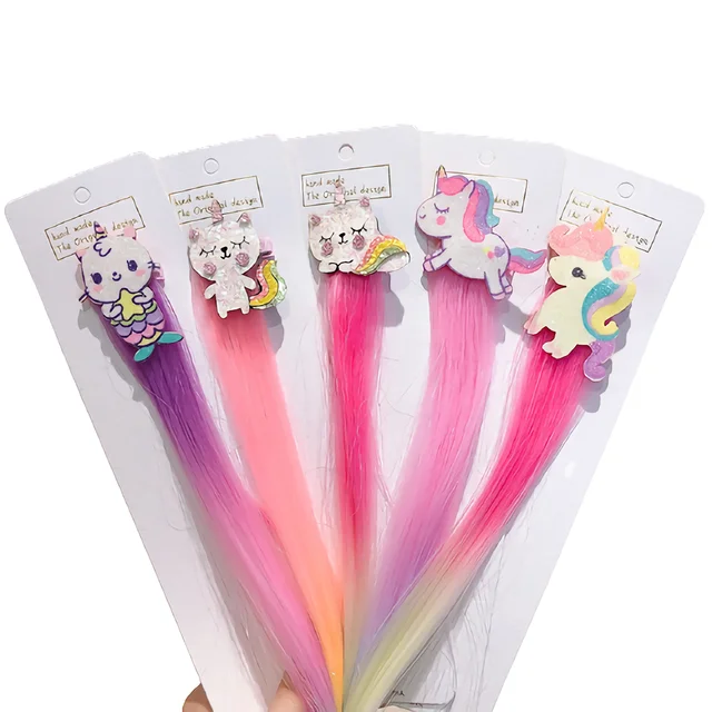 Wholesale Rainbow Bowknot Princess Girl Hair Accessories Pigtail Wig Sequin Unicorn Glitter Hair Clips