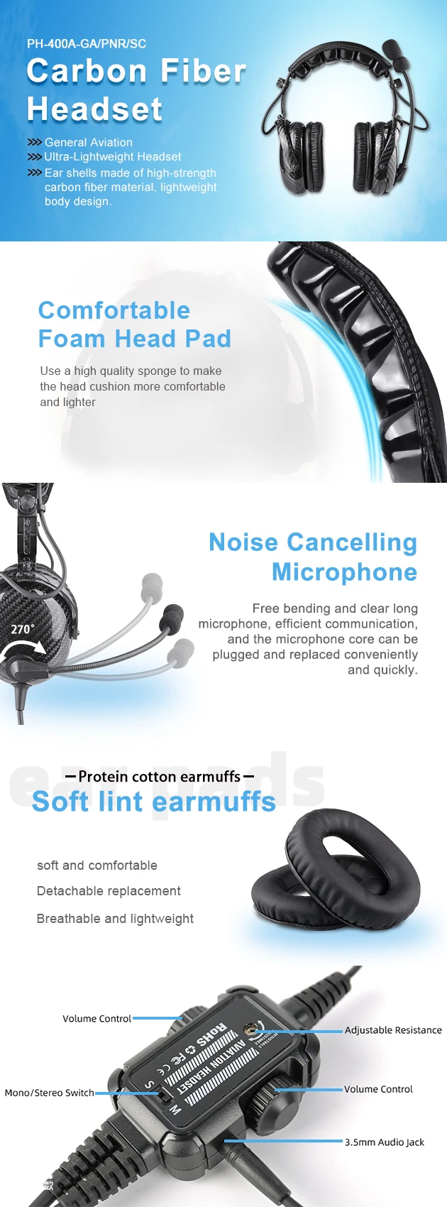 Ultralightweight Carbon Fiber Anr Aviation Headset Oem Pilot Headset