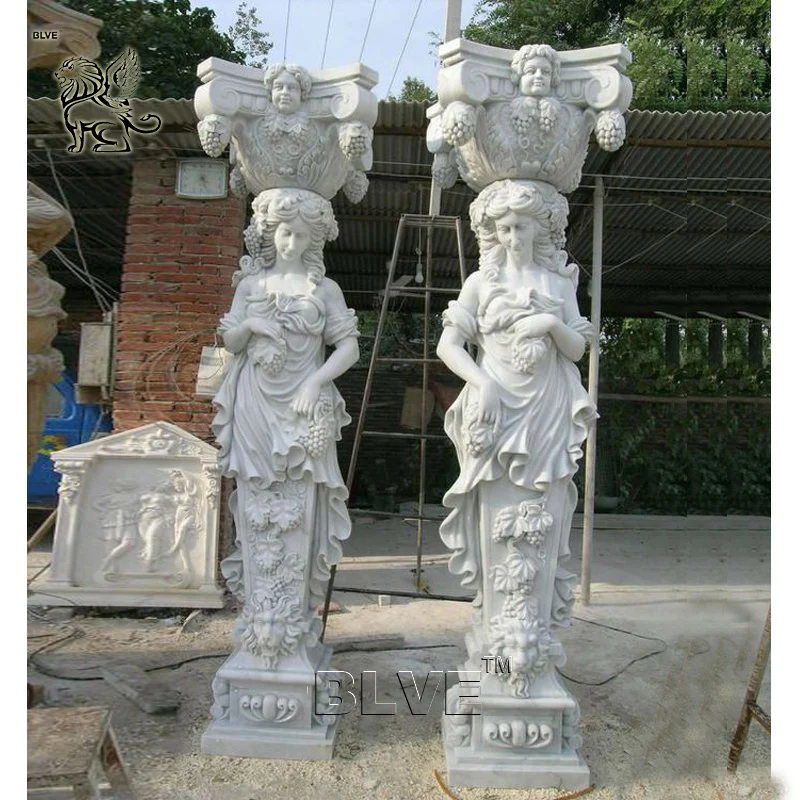 BLVE Decorative Building Design Large Handcarved White Stone Roman Greek Naked Man Pillar Statue Marble Square Columns