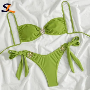 Factory Custom New Sexy Solid Metal Two Piece Bikini Bandeau Swimsuit Women Side Tie Thong Swimwear