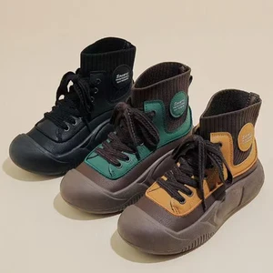 Wholesale 2026 Autumn Winter New Women's Leather High-Top Boots Thick-Soled Round-Toed Lace-Up Slip-On Casual Sporty Work Shoes