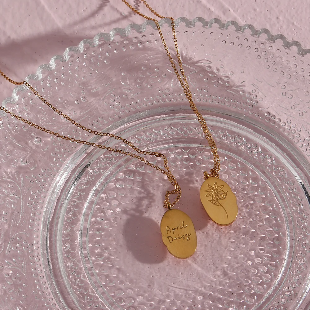 2023 New Tarnish Free Irregular Personality 12 Months Flower Pendant Necklace Stainless Steel Gold Plated Birthstone Necklaces
