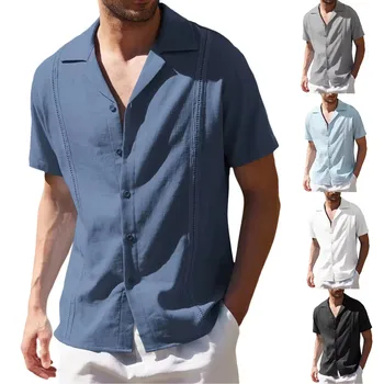 Mens Summer Casual Button Down Polyester Similar Linen Shirts Men beach short sleeve blouse Shirt Tops Custom LOGO Label