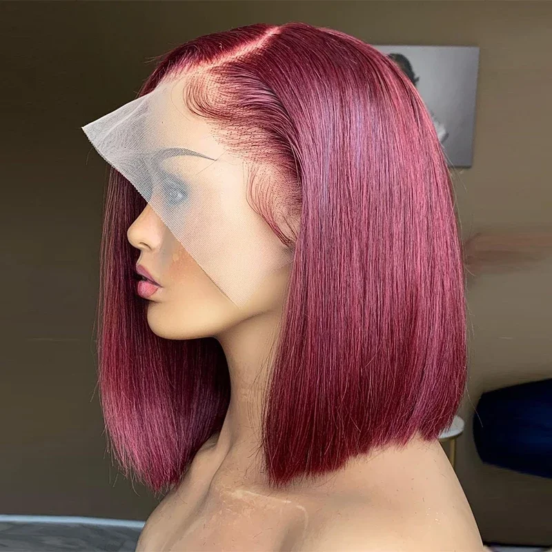 Korte Bob Pruik Kant Voorkant Menselijk Haar Pruiken Voor Vrouwen Gekleurd Bordeaux Zijscheiding Kant Pruik 99J Rood Rechte Bob Braziliaanse Pruiken Te Koop_voghion.com
