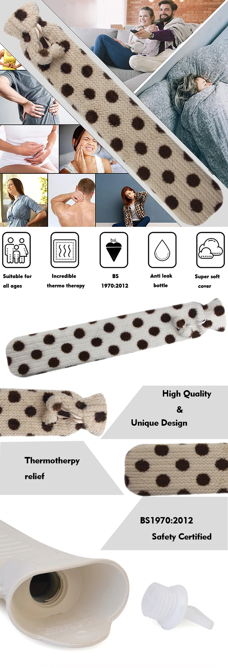 china factory hot water bag gift hand warmer pvc natural rubber 72cm / 75cm long hot water bottle fur cover for sale