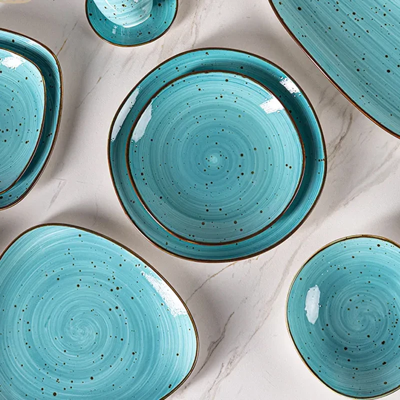 Hand Painted Rustic Earth-Yellow Rim Ceramic Tableware Multiple Color Porcelain Catering Crockery Sets Dinnerware for Restaurant