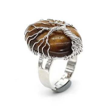 Best Selling Fashion Bohemian Adjustable Ring Natural Gemstone sliver Big Ring Handmade Wire Wrapped Jewelry Stock