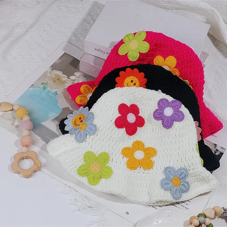 Colorful Knitted Bucket Hats Floral Crochet Bucket Hats Hand Made ...