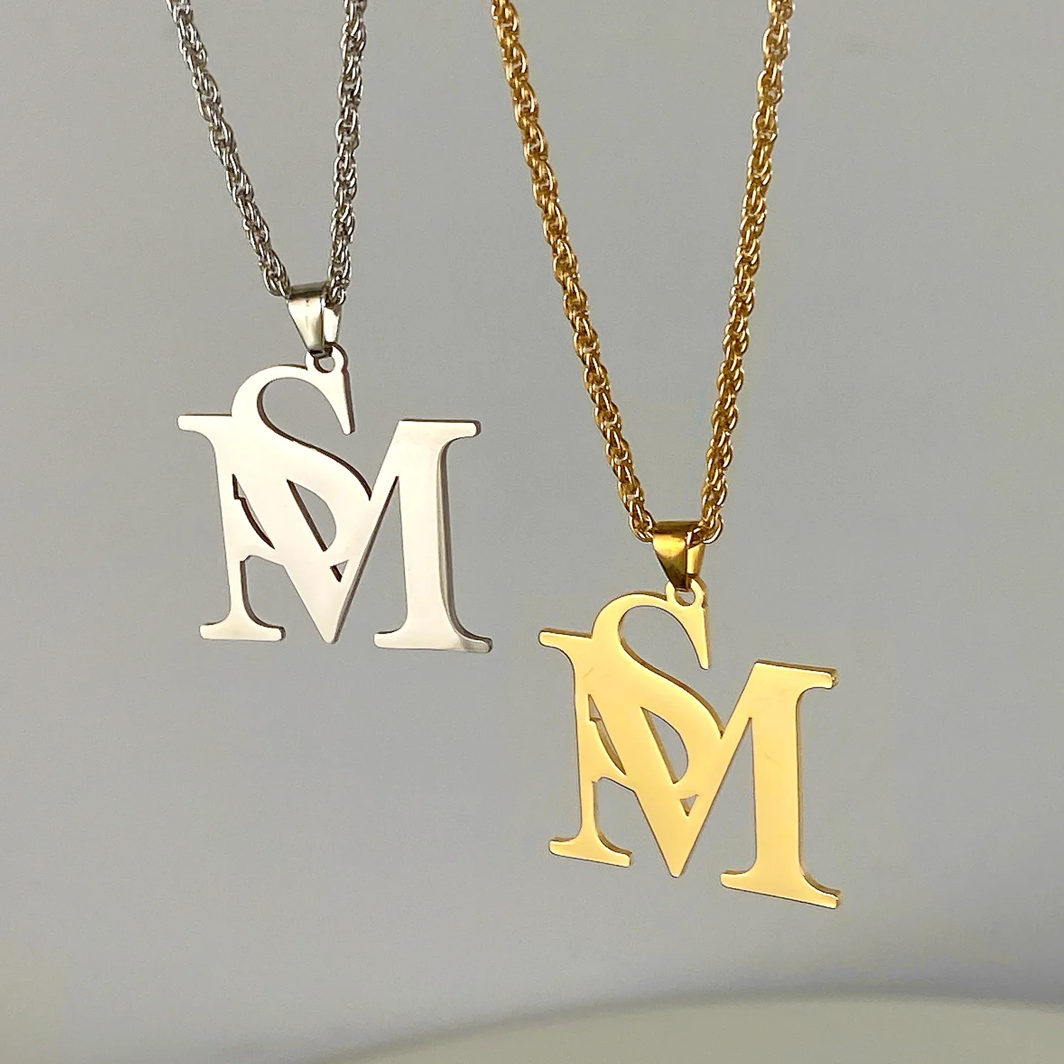 18K Gold Plated Stainless Steel Choker Initial Letter SM Pendant Necklace  Women Clavicle Chain Fashion Jewelry Charm Necklaces
