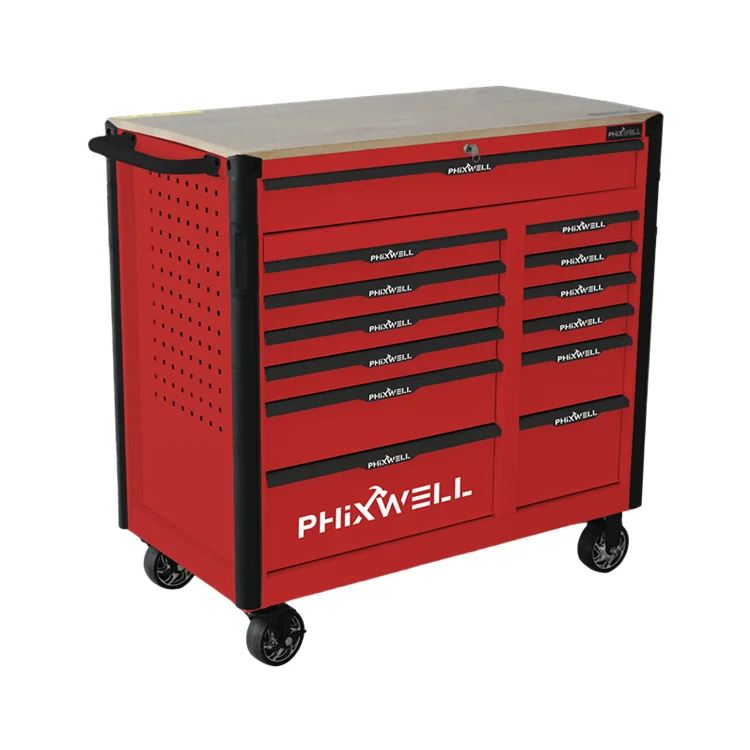 PHIXWELL 13-Drawer Metal Tool Trolley with Wooden Countertop for