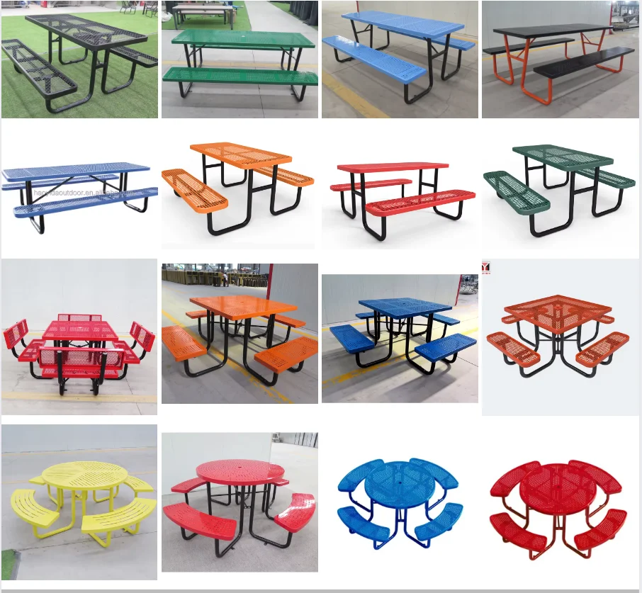 Factory Customizable Park Rectangle Perforated Steel Picnic 6 ft 8 ft Mental Camping Table Commercial Steel Outdoor Picnic Table