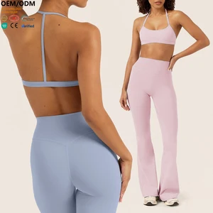 XW-YY259 Wholesale Custom Logo Fashionable Breathable Quick-Dry Bell Bottoms Yoga Bra Set with Back Cutouts Women Yoga Set