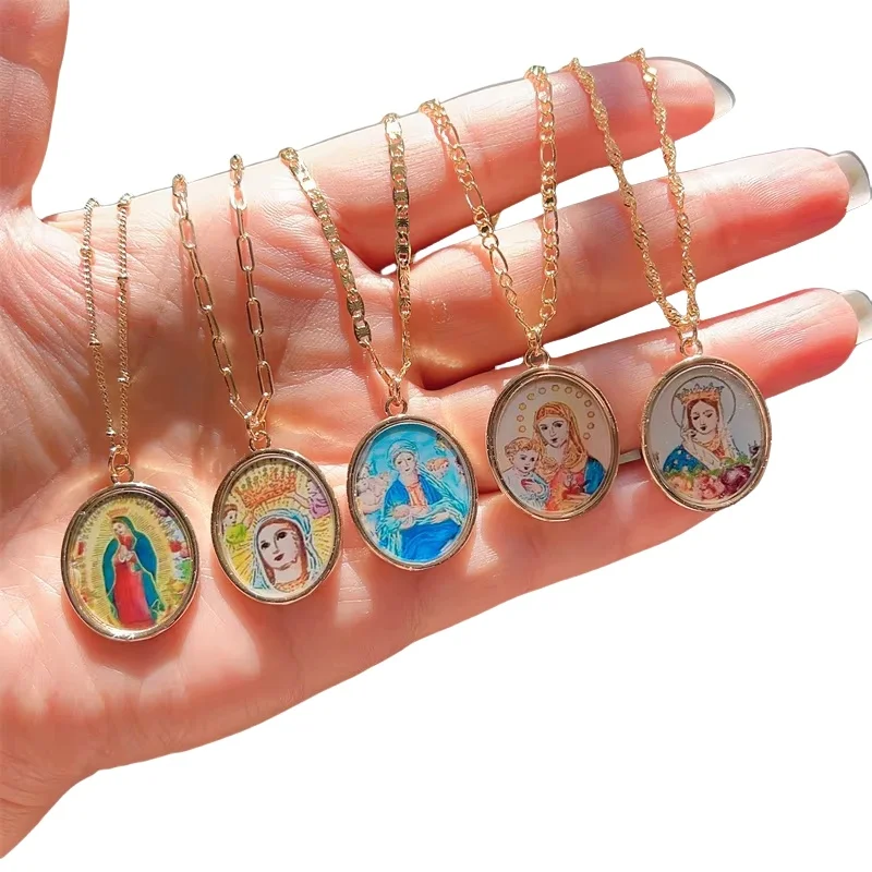 Wholesale Womens Catholic Religious 18K Gold Plated Zircon Paved Enamel Color Our Lady Virgin Mary Pendant Charm Necklace