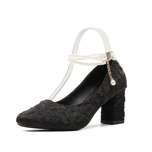 Sexy Women's Black Textured Fabric Square Toe Block Heel Comfortable Heeled Sandals Pearl Ankle Chain 7CM Heel Height Summer