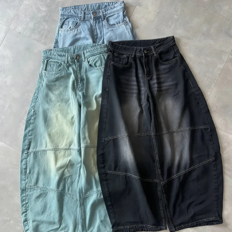 SALATI High Quality Custom Design Street-wear Acid Wash Vintage Loose Baggy Jean Men Jorts Wide Legged Distressed Denim Pants