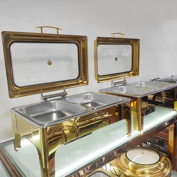 Brass wedding buffet server glass food warmer set luxury 9L gold cheffing dishes with divided inner chafing dish for catering