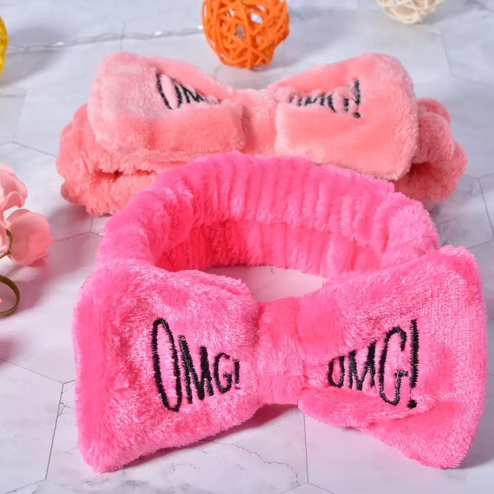 Süßes Stirnband Mit Schleife & OMG-Stickerei – Weiches Flanell, Elastisch, Für Frisur & Beauty