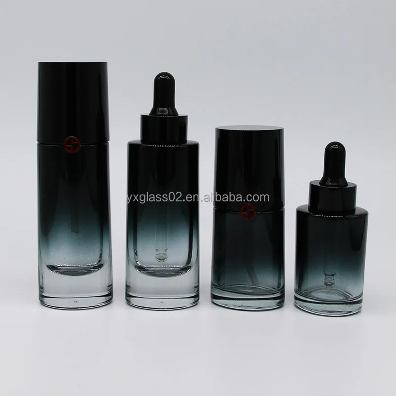 Luxury Cosmetic glass bottle set new special fashion style skincare cosmetic packaging with spray pump cap cover details